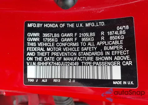 2018 Honda Civic Sport из США, поврежденный, VIN SHHFK7H40JU224049